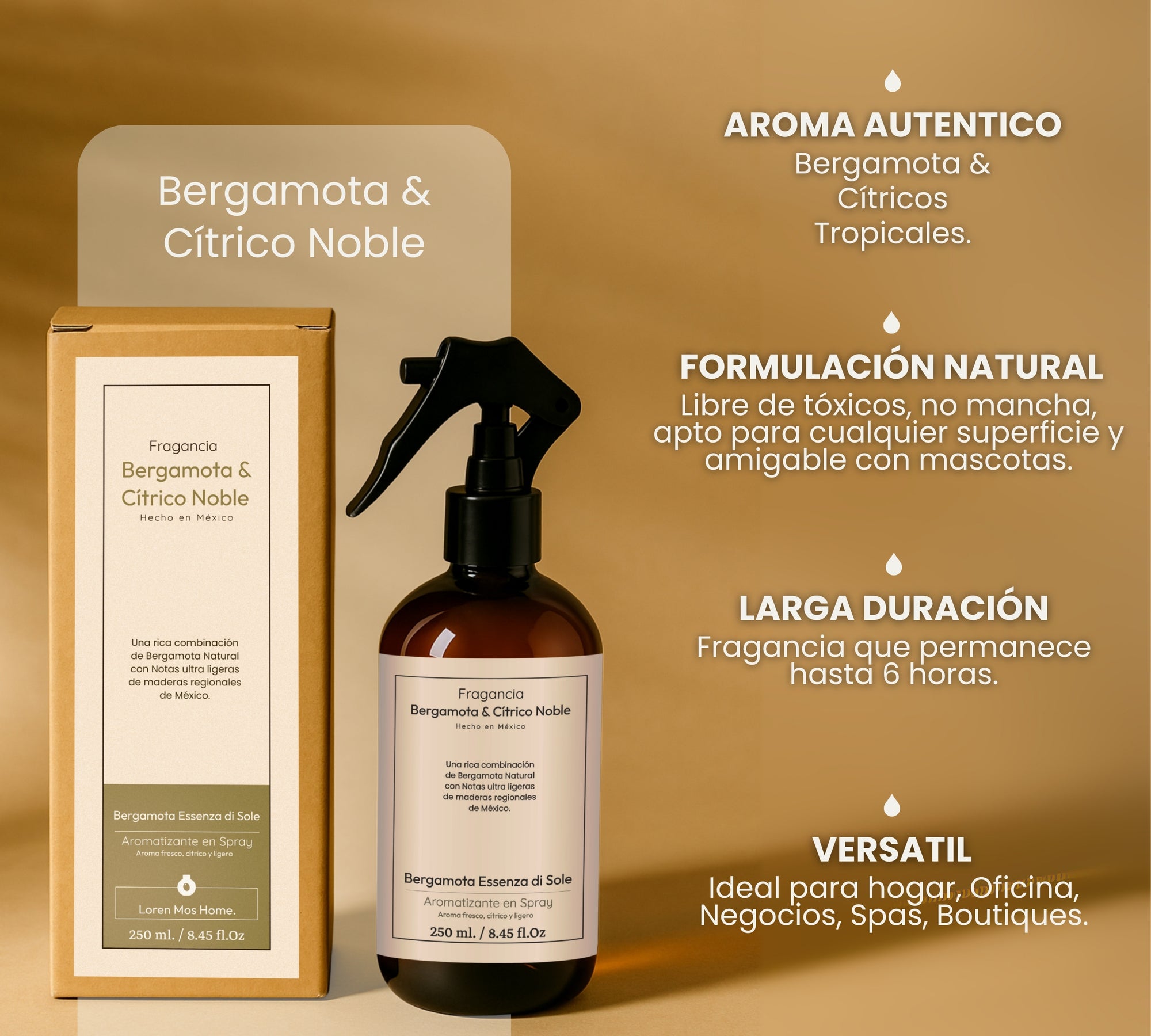 Aromatizante de Hogar en Spray: Bergamota Essenza di Sole 250ml.