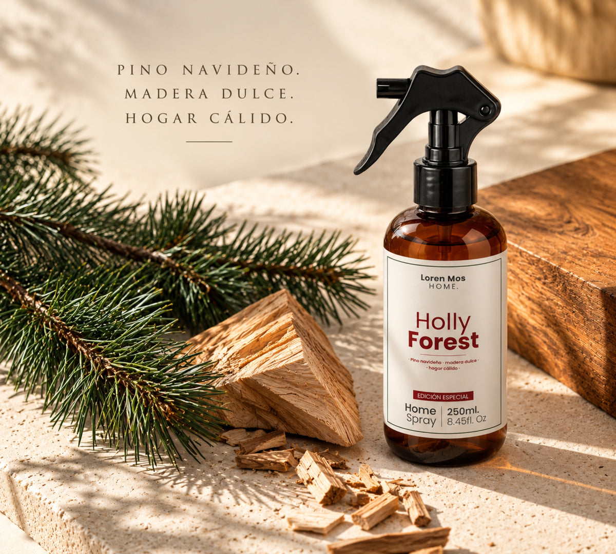 Loren Mos Home Holly Forest 250 ml, Aromatizante para Hogar en Spray, Aroma a Pino Navideño y Madera Dulce, Un Bosque Cálido en Casa, Edición Especial