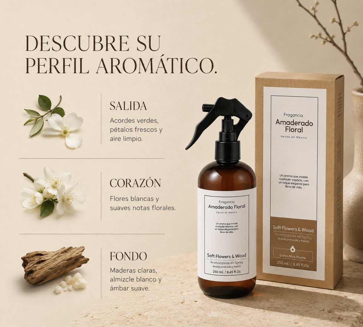 Aromatizante de Hogar en Spray: Amaderado Floral Soft Flowers & Wood 250ml.
