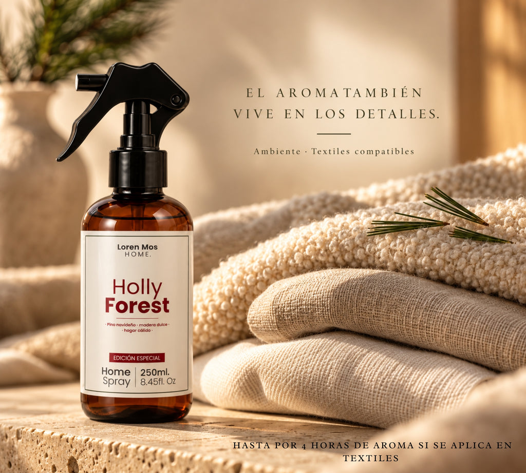 Loren Mos Home Holly Forest 250 ml, Aromatizante para Hogar en Spray, Aroma a Pino Navideño y Madera Dulce, Un Bosque Cálido en Casa, Edición Especial